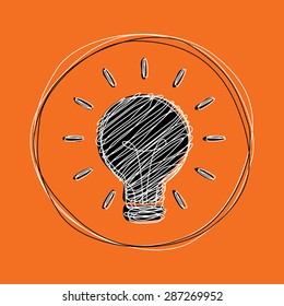 Vector light bulb icon with concept of idea. Doodle hand drawn sign. 