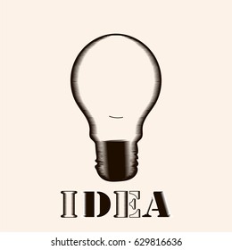 Vector light bulb icon with concept of idea. Doodle hand drawn sign. Illustration for print