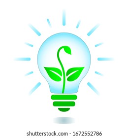 Vektorillustration-Leuchtkörpersymbol. Elektrische Lampe mit grünem Pflanzensaft mit Blättern im Inneren und blauen Rays, einfaches Piktogramm. Zeichen erneuerbarer Energie, Niedrienergie, Umwelt, Erdpflege, neues Lebenskonzept