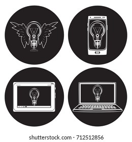 Vector light bulb icon set. Smartphone, digital tablet and laptop with light bulb. Creative idea concept. Flat style design.