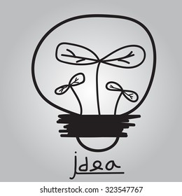 Vector light bulb icon and small plant with concept of idea. Doodle hand drawn sign. Illustration for print, web