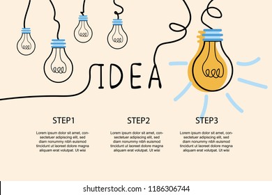 Vector light bulb icons with concept of idea. Original scribble sign of co-creativity. Doodle hand drawn design template. Color original illustration for print, web