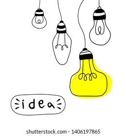 Vector light bulb icons with concept of idea. Doodle style. Vector illustration. 