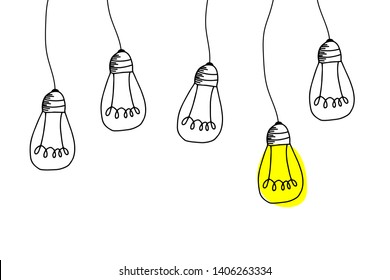 Vector light bulb icons with concept of idea. Doodle style. Vector illustration. 