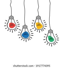 Vector light bulb icons with concept of idea. Color original sign of co-creativity. Doodle hand drawn sign. Sketch design template.