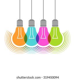 Vector light bulb icons with concept of idea. Color original sign of co-creativity. Illustration for print, web