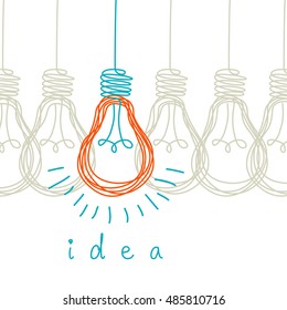 Vector light bulb icons with concept of idea. Color original sign of co-creativity. Doodle hand drawn design template. Illustration for print, web