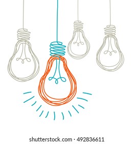 Vector light bulb icons with concept of idea. Color original sign of co-creativity. Doodle hand drawn sign. Illustration for print, web