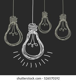 Vector light bulb icons with concept of idea. Original sign of co-creativity. Doodle hand drawn sign. Black and white original illustration for print, web