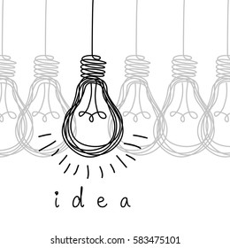 Vector light bulb icons with concept of idea. Original scribble sign of co-creativity. Doodle hand drawn design template. Black and white original illustration for print, web
