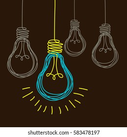 Vector light bulb icons with concept of idea. Original scribble sign of co-creativity. Doodle hand drawn design template. Color original illustration for print, web