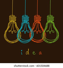 Vector light bulb icons with concept of idea. Color original sign of co-creativity. Doodle hand drawn sign. Sketch design template. Illustration for print, web