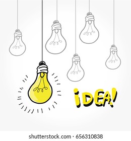 Vektorlampen-Icons mit Konzept der Idee. Doodle handgezeichnete Zeichen.Farbe Glühbirne Beleuchtung Illustration .