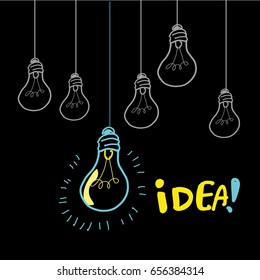 Vector light bulb icons with concept of idea. Doodle hand drawn sign.color bulb lighting illustration .