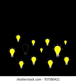 Vector light bulb icons with concept of no idea.vector isolated on black background,Creativity sign, solution, thinking concept. Lighting Electric lamp. Electricity. graphic design.fall down.