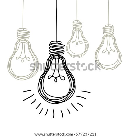 Vector light bulb icons with concept of idea. Original sign of co-creativity. Doodle hand drawn sign. Black and white original illustration for print, web
