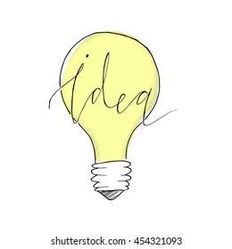 Vector light bulb illustration with hand lettering. Concept of idea. Doodle hand drawn sign. Handdrawn illustration made in vector.