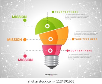 Vector light bulb infographic. Template for growth diagram, graph, presentation, chart. Business startup idea lamp concept with 3 options, parts, steps, processes. 