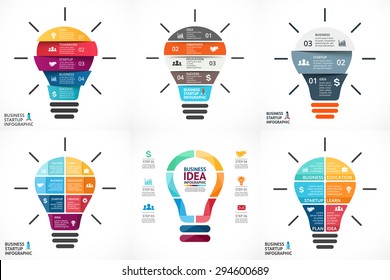 Vector light bulb infographic. Template for growth diagram, graph, presentation, chart. Business startup idea lamp concept with 4, 5, 6, 7 options, parts, steps, processes. Successful brainstorming