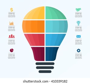 Vector light bulb infographic. Template for air balloon diagram, graph, presentation and round info chart. Business infographic startup idea lamp concept with 8 options, parts, steps, processes. 