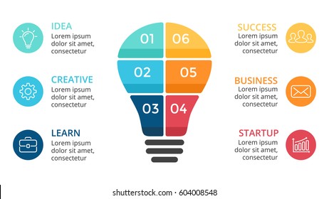 Vector light bulb infographic. Template for diagram, graph, presentation and layers chart. Business startup idea lamp concept with 6 options, parts, steps, processes. 16x9 slide template.