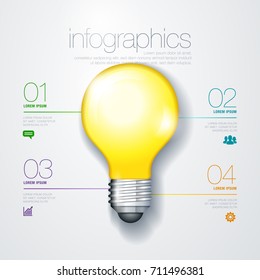 
Vector light bulb infographic. Template for diagram, graph, presentation, chart. Business startup idea lamp concept with 4 options, parts, steps, process and flat icons