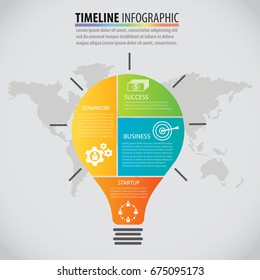 Vector light bulb infographic Timeline design template with options. Business concept with 4 options. Template for bulb idea diagram, graph, presentation and round chart 3D paper label. 
