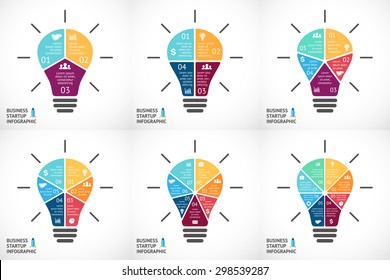 Vector light bulb infographics set. Template for circle diagram, graph, presentation and round chart. Successful business startup idea concept with 3, 4, 5, 6, 7, 8 options, parts, steps, processes. 