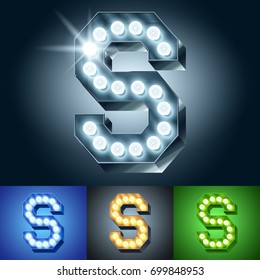 Vector light up bulb lamp alphabet. Set of different color lamp graphic font. Letter S