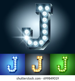 Vector light up bulb lamp alphabet. Set of different color lamp graphic font. Letter J