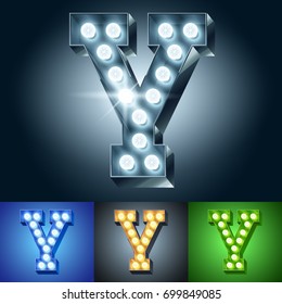 Vector light up bulb lamp alphabet. Set of different color lamp graphic font. Letter Y