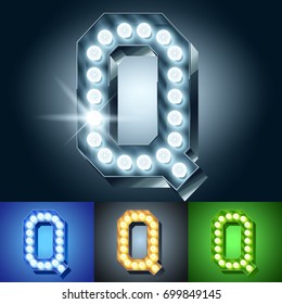 Vector light up bulb lamp alphabet. Set of different color lamp graphic font. Letter Q