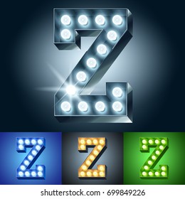 Vector light up bulb lamp alphabet. Set of different color lamp graphic font. Letter Z