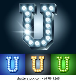 Vector light up bulb lamp alphabet. Set of different color lamp graphic font. Letter U