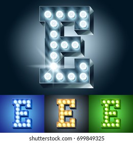 Vector light up bulb lamp alphabet. Set of different color lamp graphic font. Letter E