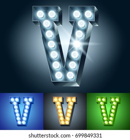 Vector light up bulb lamp alphabet. Set of different color lamp graphic font. Letter V