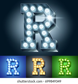 Vector light up bulb lamp alphabet. Set of different color lamp graphic font. Letter R