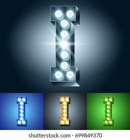 Vector light up bulb lamp alphabet. Set of different color lamp graphic font. Letter I