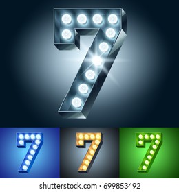 Vector light up bulb lamp alphabet. Set of different color lamp graphic font. Number 7