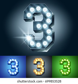Vector light up bulb lamp alphabet. Set of different color lamp graphic font. Number 3