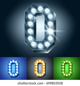 Vector light up bulb lamp alphabet. Set of different color lamp graphic font. Number 0