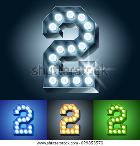 Vector light up bulb lamp alphabet. Set of different color lamp graphic font. Number 2