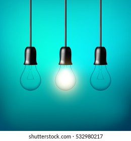 Vector Light bulb on blue green background. Realistic style. Business idea concept. One lamp shines. Object for infographics, presentations. Web design, poster, banner print decoration element.