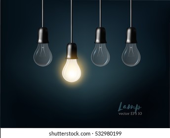 Vector Light bulb on dark grey background. Realistic style. Business idea concept. One lamp shines. Object for infographics, presentations. Web design, poster, banner print decoration element.