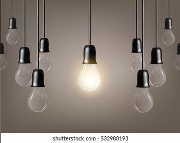 Vector Light bulb on grey background. Realistic style. Business idea concept. One lamp shines. Object for infographics, presentations. Web design, poster, banner print decoration element.