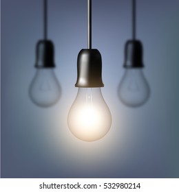 Vector Light bulb on grey background. Realistic style. Business idea concept. One lamp shines. Object for infographics, presentations. Web design, poster, banner print decoration element.