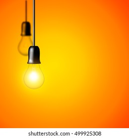 Vector Light bulb on orange yellow background. Realistic style. Business idea concept. One lamp shines. Object for infographics, presentations. Web design, poster, banner print decoration element.