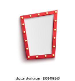 Vector light bulb red vintage frame. Retro casino, nighclub signage, cinema mirror decoration. Glowing lamps bright banner background. Empty signboard for festival, circus decor. Isolated illustration