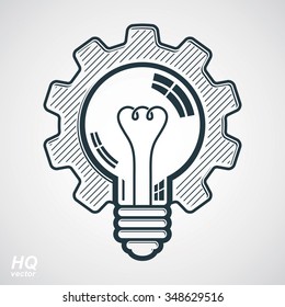 Vector light bulb shape, high quality cog wheel isolated on white background. Technical solution conceptual symbol, manufacturing and business idea icon, retro graphic gear. Industry design element.