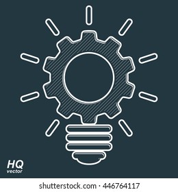Vector light bulb shape, high quality cog wheel. Technical solution symbol, business idea icon, retro graphic gear. Industry innovation design element.